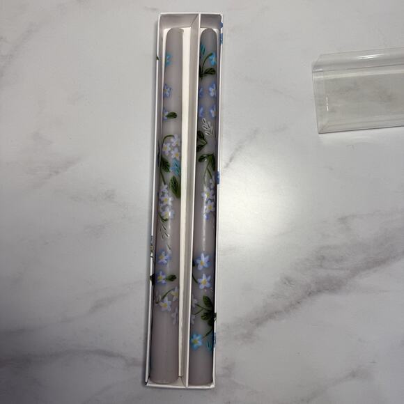 Anthropologie Set/2 Taper Candles Hand Painted Blue White Floral 12” NEW Boxed - Picture 2 of 4